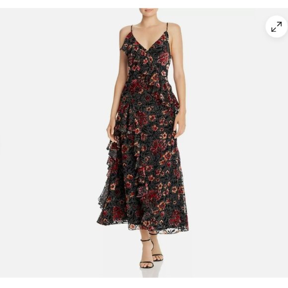 Jill Stuart Dalia Floral Flocked V-neck Sleeveless Ruffle Trim Gown 2 - Picture 2 of 16